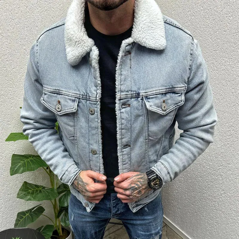 Giacche da uomo 2024 Stile Colletto con bavero Capispalla di lana Abbigliamento uomo Moto Giacca di jeans slim maschile Moda Inverno Manica lunga Solid Denim