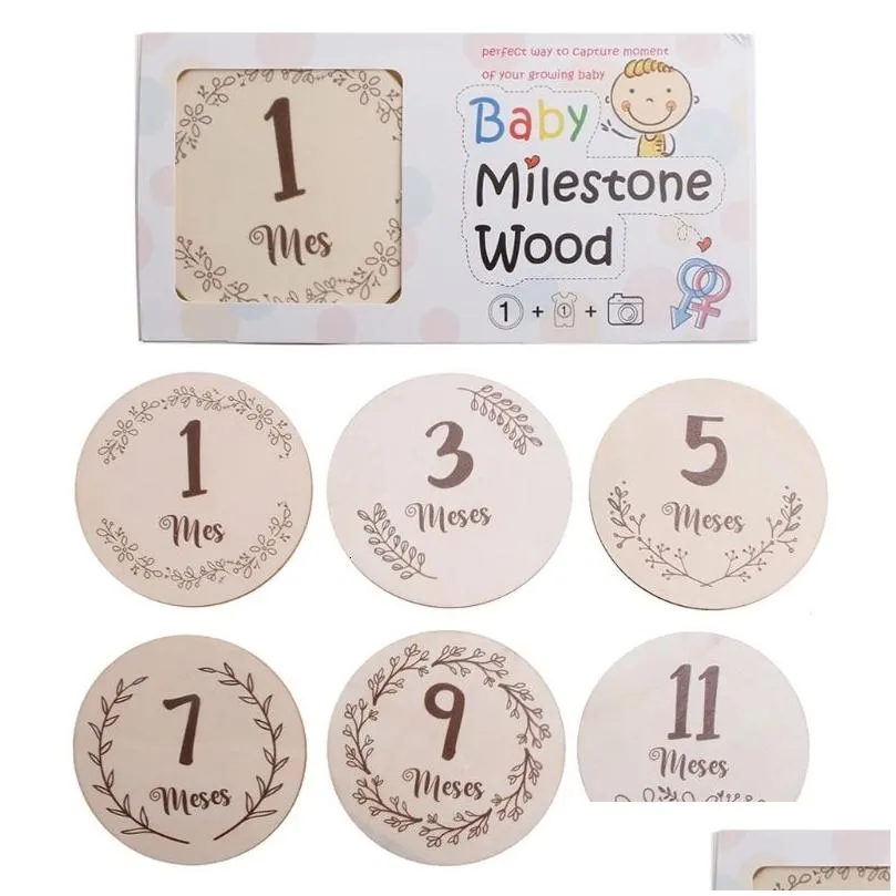 Keepsakes 6 PCSSet Handgjorda Baby Milestone Cards Född månatlig inspelning Spanska språkbokstäver Blomma tryck Pocards Spädbarn släpper del DHV0E