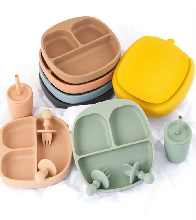 Vajilla para niños BPA, alimentación de bebé, juego de cena de comida sólida, platos, tazón de entrenamiento, platos de alimentación, cuchara, tenedor, taza de paja 218Q1319369