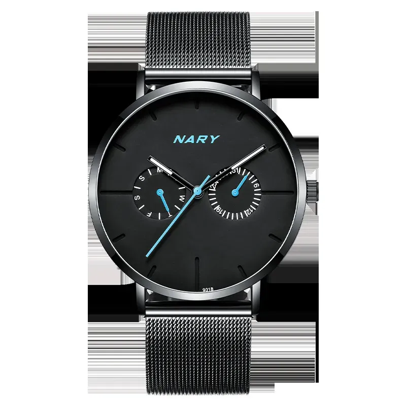 NOUVEAUX Montres Hommes 2021 NARY Simple Or Argent Avec Noir Noir Maille Ceinture En Acier Hommes Maille Montre Militaire 30m Montre-Bracelet Étanche Quartz Mince