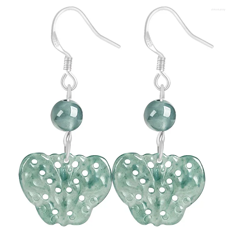 Boucles d'oreilles pendantes haut de gamme en argent Sterling S925, produit naturel, Jade bleu eau papillon, boucles d'oreilles Style ancien pour femmes