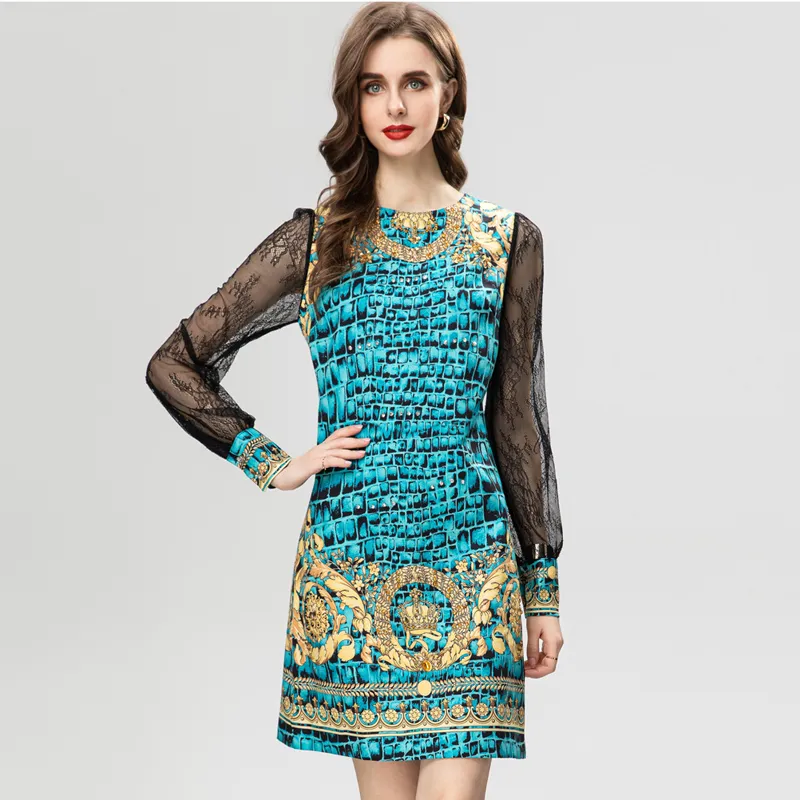 Women's Runway Dresses O Neck Long Lace Patchwork Sleeves Printed Fashion Designer Short Vestidos