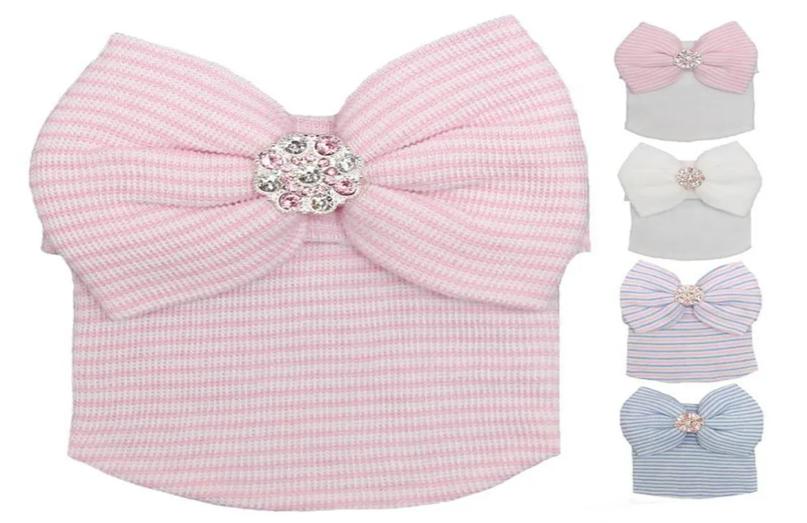 New 03M Newborn Baby Crochet Hats with Big Bow Cute Baby Girl Shiny Rhinestone Knitting Stripe Hedging Caps Autumn Winter1690582
