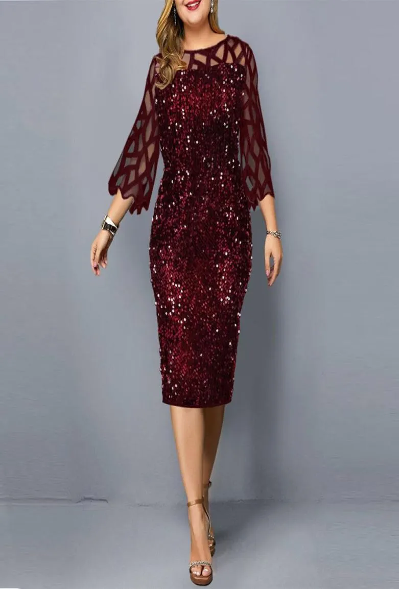 2022 Sparkle Burgundy Sequin Kılıf Gelin Elbisesi Mücevher Boyun Annesi 34 Uzunluk Kılıf Çay Uzunluğu Damat Parti Gowns Robe De So2144056