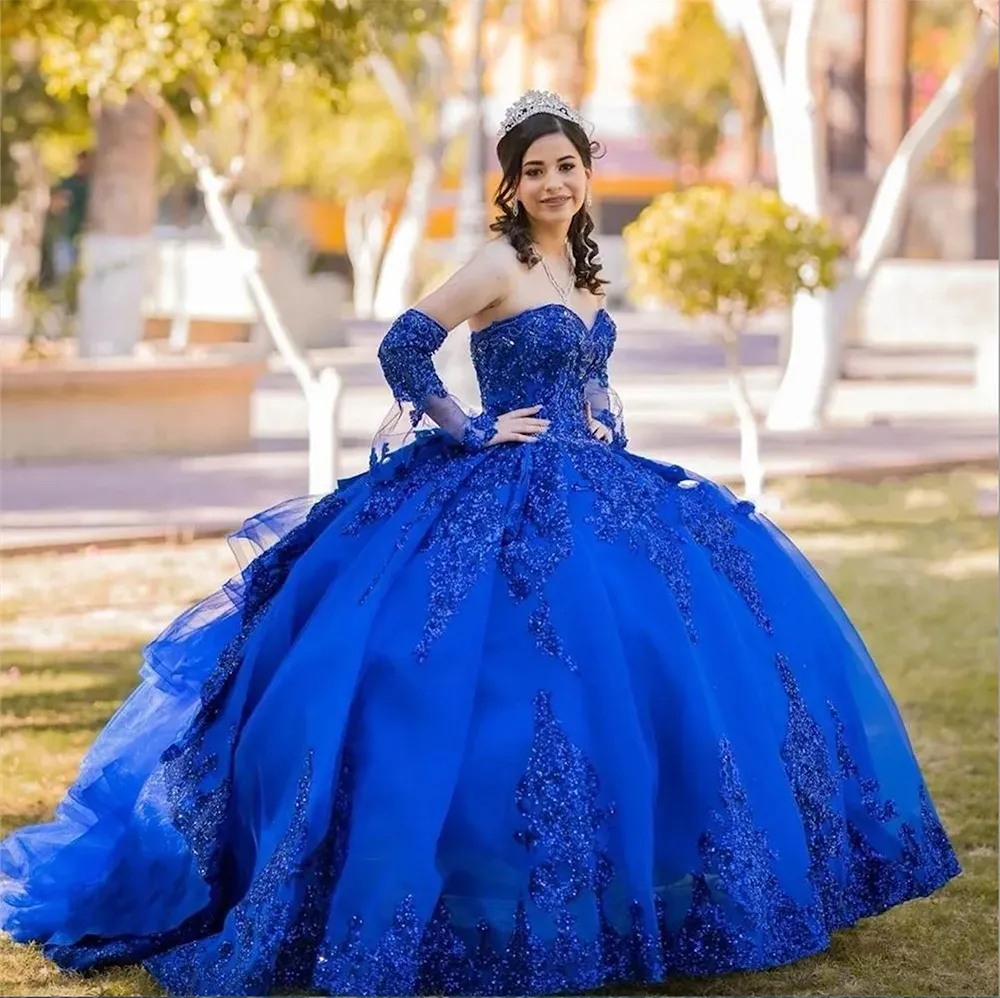 2024 Sexy rouge bleu royal paillettes dentelle Quinceanera robes robe de bal perles de cristal or rose paillettes chérie avec manches volants robe de soirée robes de soirée de bal