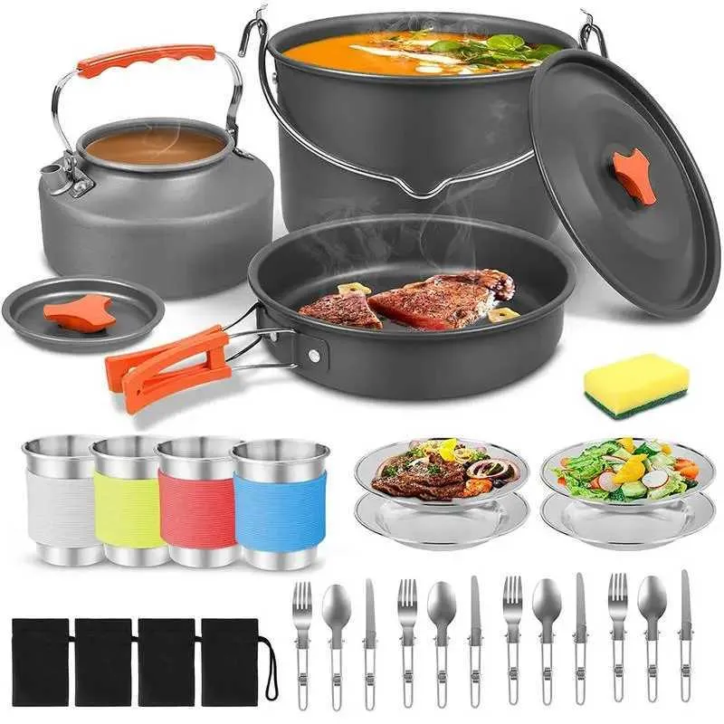 Cozinha de acampamento 21 peças Kit de panelas de acampamento Kit de bagunça grande pote pendurado panela chaleira prato conjunto de garfo e colher para caminhadas ao ar livre e piquenique 3-4 pessoas YQ240123