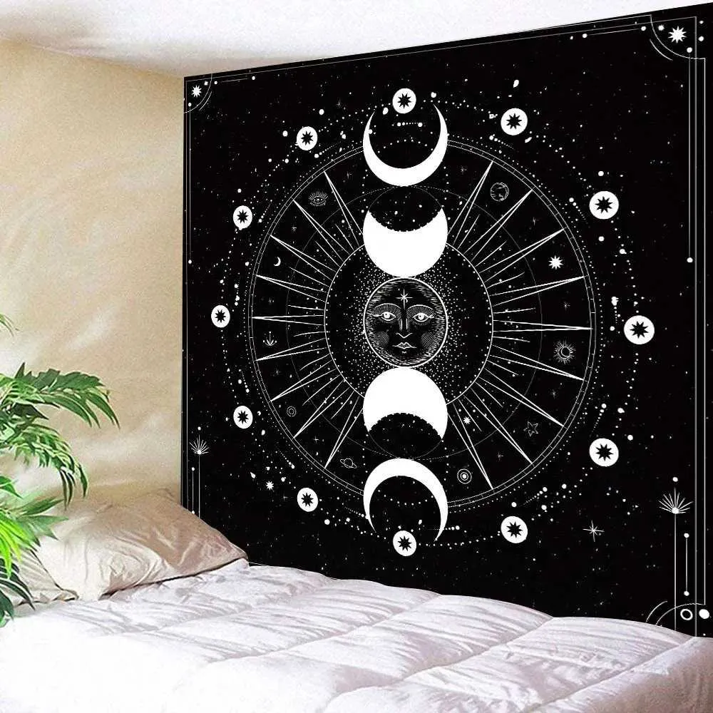 Tapisseries Blanc Noir Soleil Lune Mandala Phase Tenture Murale Tapisserie Clair De Lune Tapisseries Noires Boho Chambre Décoration Murale Décoration Murale L2401