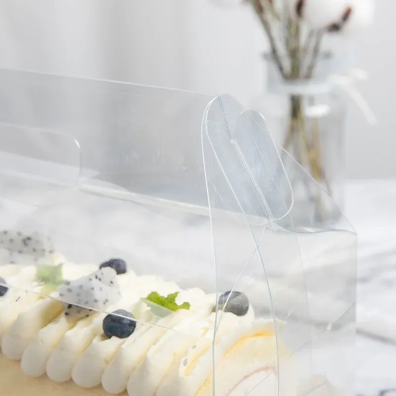 Transparent Cake Roll Packaging Box with Handle Eco-friendly Clear Plastic Cheese Cake Box Baking Swiss Roll Box