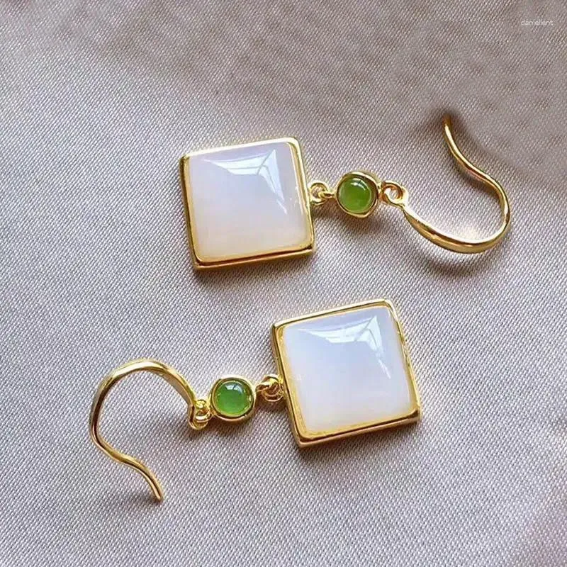 Dangle Brincos Natural Hetian Jade Jue Suet Geométrico Quadrado Moda Linda Orelha Gancho Vintage Estilo Étnico Feminino