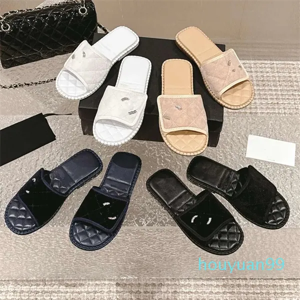 Designer kvinnor sandaler quiltade sammet fårskinn platt tofflor kristall mulor loafers läderlägenheter flip flops skjutreglage