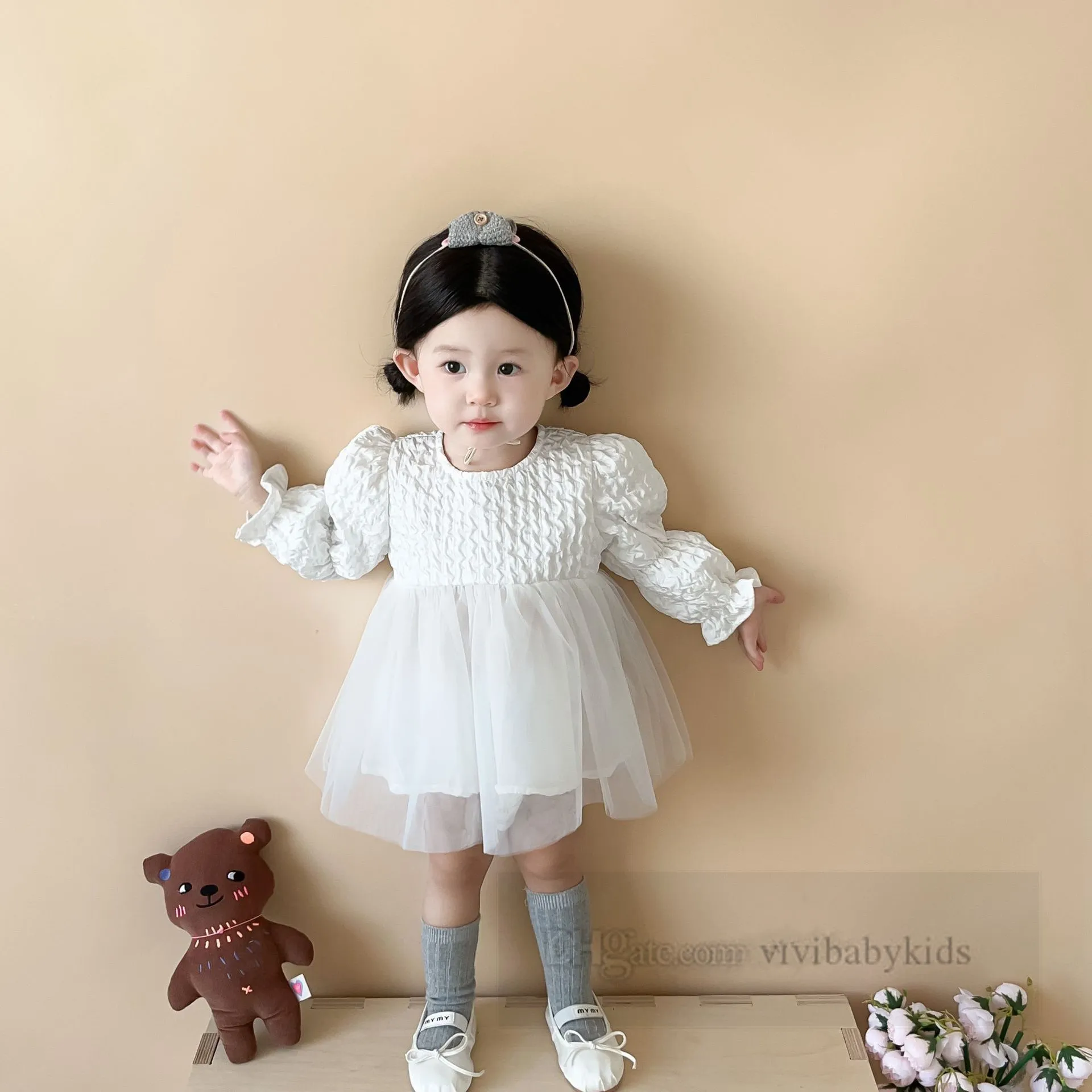 Baby 1st birthday party dresses little girls ruffle puff sleeve splicing lace tulle dress 2024 spring infant kids double gauze princess clothes Z6843