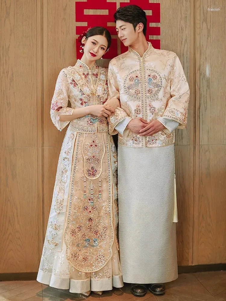 Champagne Gold Chinese Wedding Dress Set Vintage Cheongsam Mandarin  Collar Toast Costume, Sequin Beaded Embroidery, Ethnic Couple Outfit