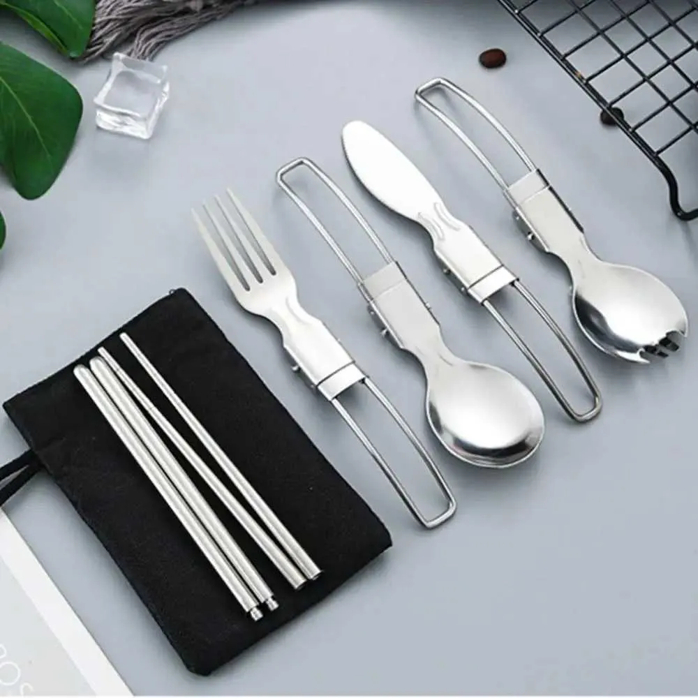 Camp Kitchen 5 pcs 1 set Portable Outdoor Camping Travel Picnic Foldable Stainless Steel Cutlery Set Spoon Fork Knife tableware YQ240123
