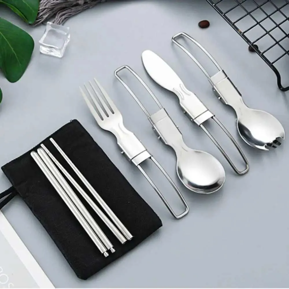 Camp Kitchen 5 PCS 1 Set Portable Outdoor Camping Travel Picnic Foldbara rostfritt stål Cutlery Set Spoon Fork Kniv Tabellery YQ240123