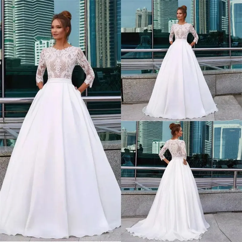 Witte prinses Elegante trouwjurken Juwelier Nek 3/4 Lace Sleeve Appliques Country Bridal Jurys Pocket Satin Vestido de Novia