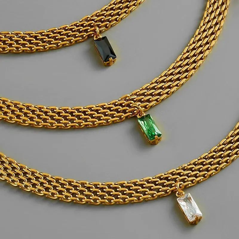 Collane Pietra verde nera cz Collana a catena con cintura in rete, collana a catena larga in acciaio inossidabile per donne, gioielli minimalisti, delicati ed eleganti