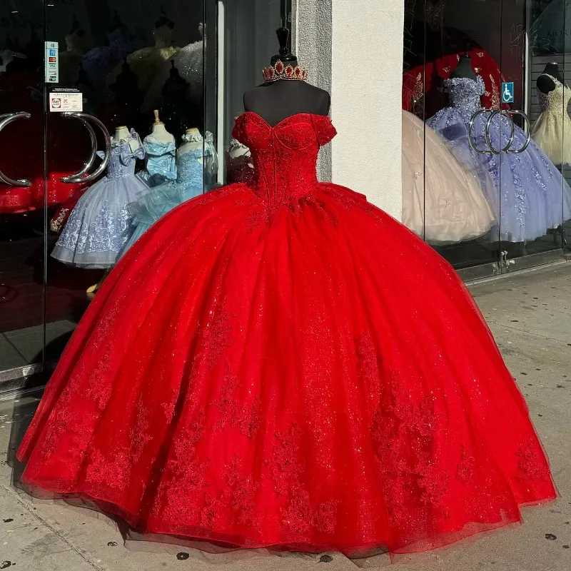 Mexico röda av axelbollklänningen quinceanera klänning för tjej pärlstav applique spets födelsedagsfest klänningar prom klänningar söta 15