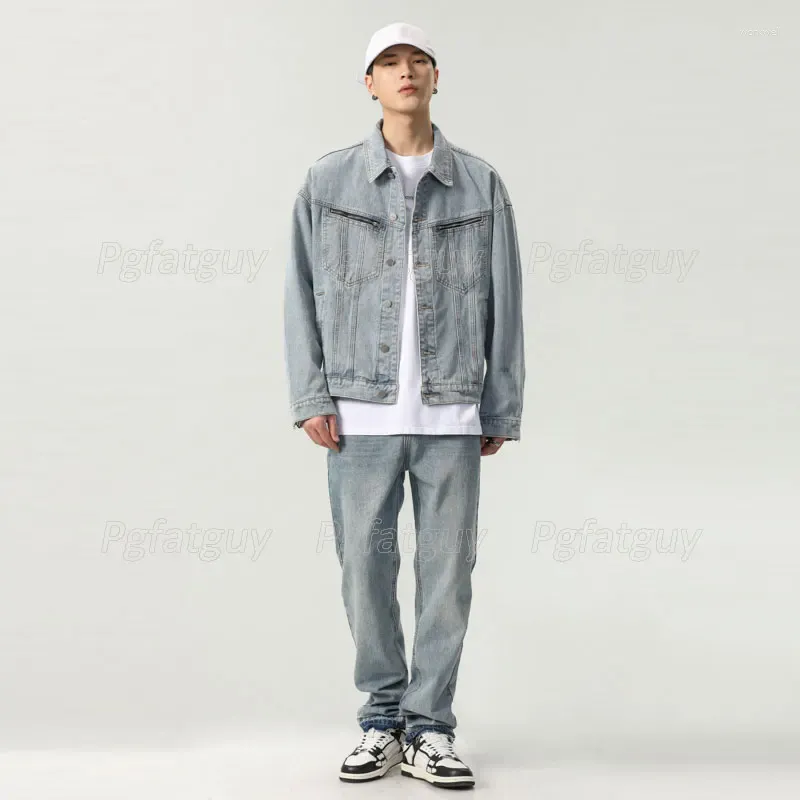 Men's Tracksuits Vintage Blue Sets (Jacket And Jeans) Simple Loose Denim Coat Pants 2pcs-set High Street Fashion Male Clothing M-5XL