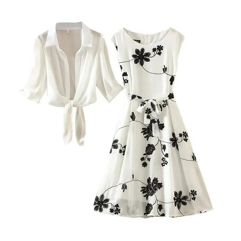 Elegant Suit Twopiece Dress High Waist Sleeveless Slim Aline Skirt Floral Embroidery White Top Bow Belt Vintage WOMEN 240123