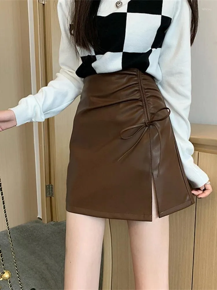 Skirts Fashion Trends Plus-Size Autumn/Winter Korean Street Tie Faux Leather Split Drawstring Bandage Pleated A-Line Skirt