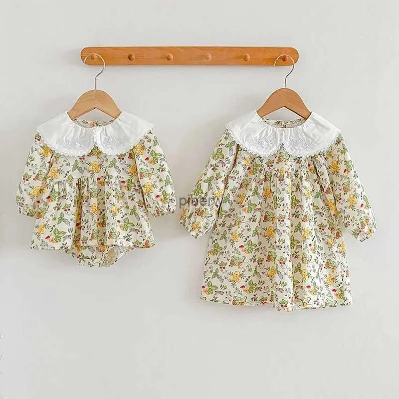 Meisjes Jurken Meisjes Zus Kleding Herfst Lente Kinderen Baby Rompertjes Meisjes Lange Mouw Geborduurde Pop Kraag Jurk Kinderkleding 0-6Y