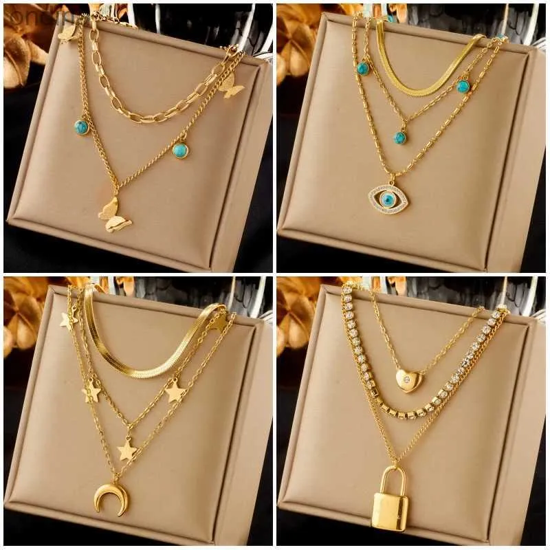 Pendant Necklaces DIEYURO 316L Stainless Steel Butterfly Moon Lock Blue Eyes Pendant Necklace For Women New Multilayer Choker Chain Jewelry Gifts YQ240124