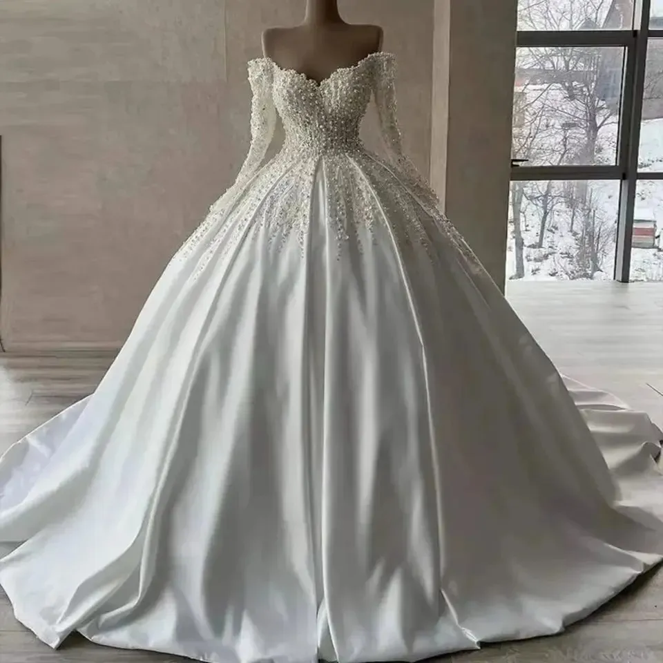 Robe de mariée de luxe en Satin et dentelle, à paillettes blanches, épaules dénudées, plissée, perles, dos nu, longueur au sol, mariage