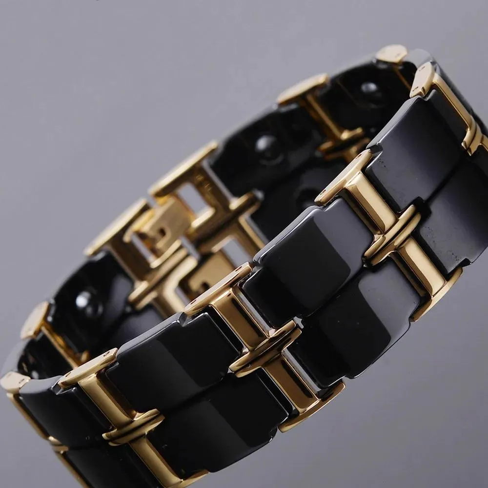 Pulseiras cor de ouro polido aço inoxidável pulseiras para homens luxo cerâmica cuidados de saúde energia magnética homem pulseira masculino feminino