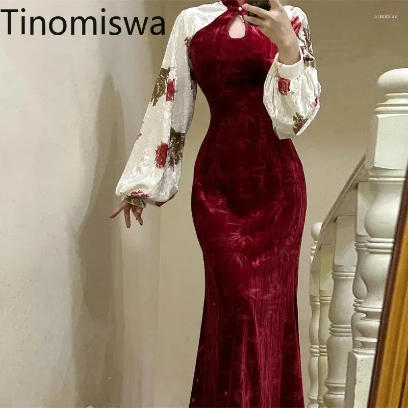 Повседневные платья Tinomiswa, винтажное платье в китайском стиле, женское платье с цветочным принтом, контрастного цвета, лоскутное, элегантное женское облегающее платье Femme