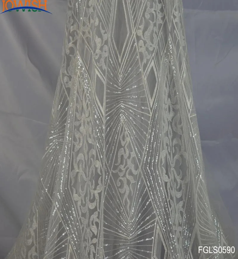 Ultimi 3 metri tessuto geometrico con paillettes ricamato tulle tessuto di pizzo avorio per abito da sposa tessuto di pizzo cucito artigianale4299546