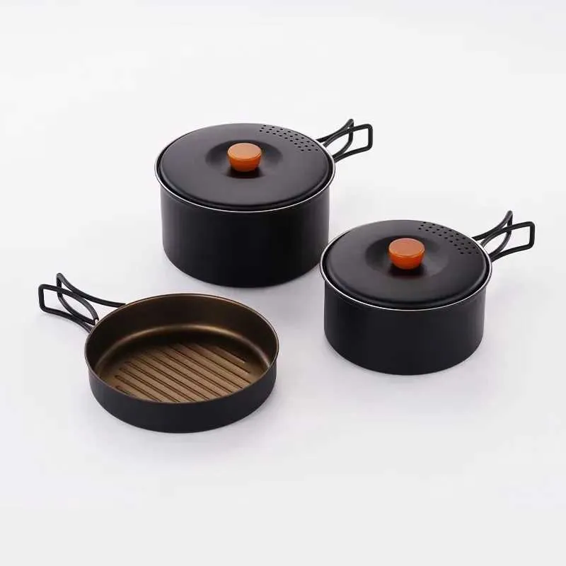 Camp Kitchen Camping en plein air Batterie de cuisine portable 2-3 personnes avec bouilloire Pot Poêle à frire Pliable Pique-nique Batterie de cuisine Vaisselle en acier inoxydable YQ240123