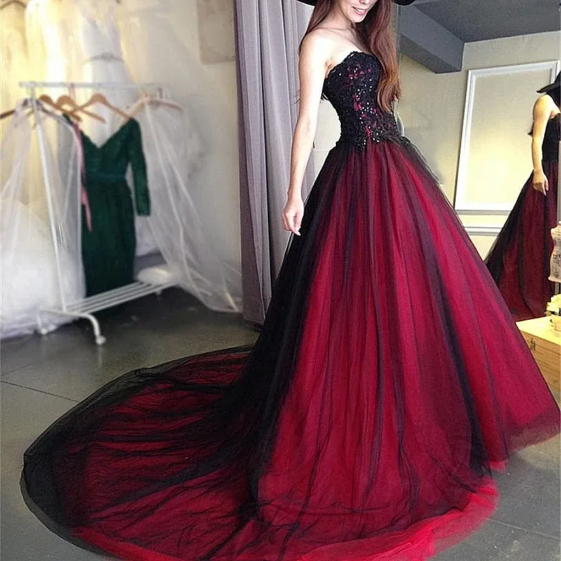 chinese dress ladies Black Prom Dresses,Lace Prom Dress,Floral Prom Dress,Princess Prom Dress,PD00231, US26W / Burgundy main image 1