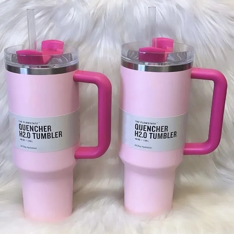 مخزون الوردي فلامنغو أكواب جديدة 40oz مع مقبض Tumblers معزول أغطية القش القهوة المصنوعة من الفولاذ المقاوم للصدأ تيرميوس مع شعارات H2.0 40 أوقية زجاجات المغامرة