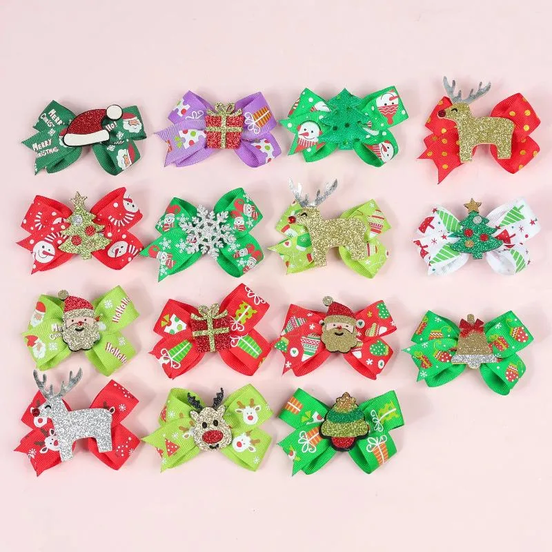 Hair Accessories 100cs/Lot Christmas Ribbon Clips For Baby Girls Children Animal Hairgrips Holiday Party