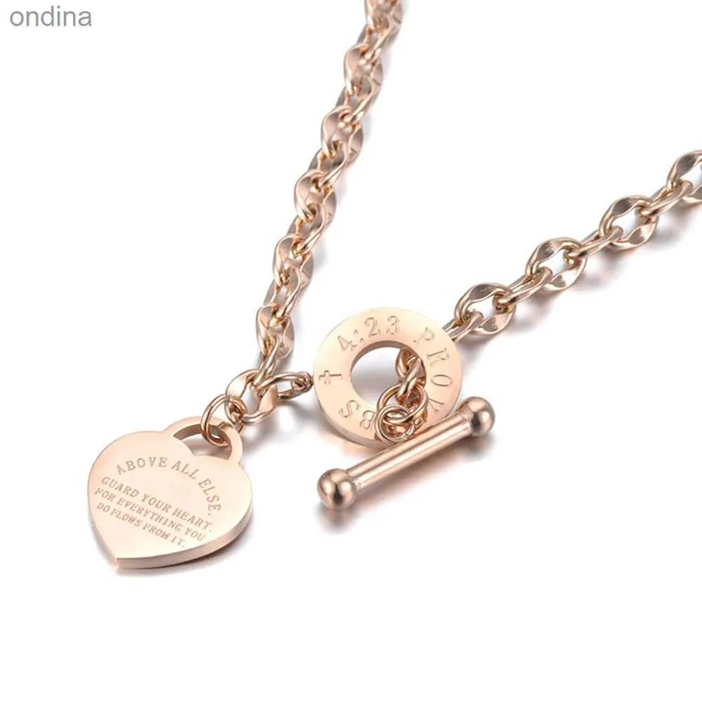 Pendant Necklaces Titanium Stainless Steel Heart Charm Pendant Necklaces Jewelry Classic Love Bible Proverbs 4 23 O-Chain Necklace YQ240124