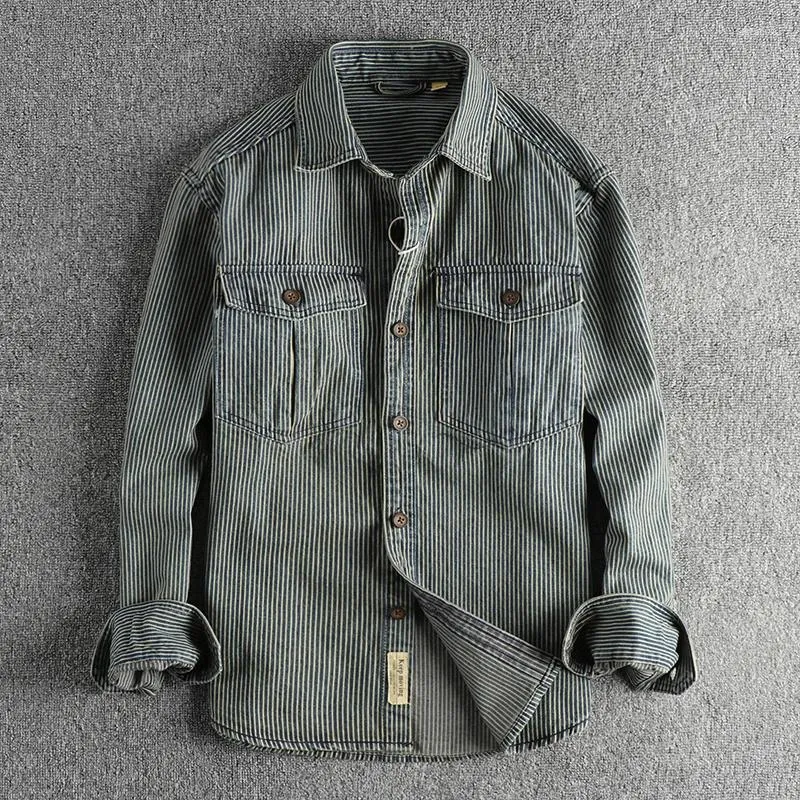 Mäns casual skjortor garnfärgat randigt tyg tvättat för att göra gammal vintage last denim skjorta för män europeiska och amerikansk modeklocka