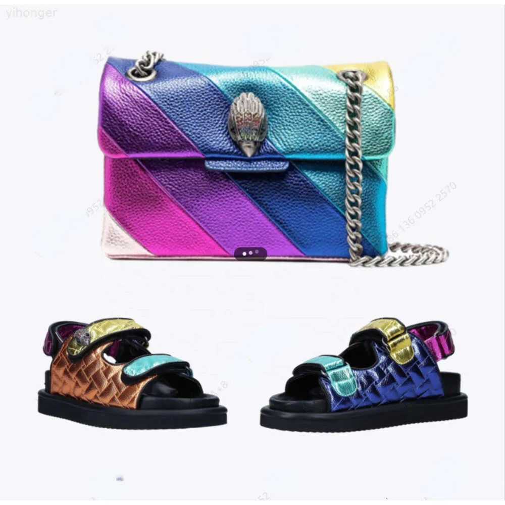 Sıcak Satış Dişleri Çizgili Çizgili Crossbody Gökkuşağı Ayakkabıları ve Bag İki Parçası Bir Set Tasarımcı Renkli Slayt Terlikleri