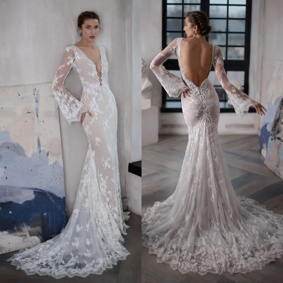 Fabulous Mermaid Lace Wedding Dresses Long Sleeves Backless Bridal Gowns Deep V Neckline Sweep Train Vestido De Novia 415