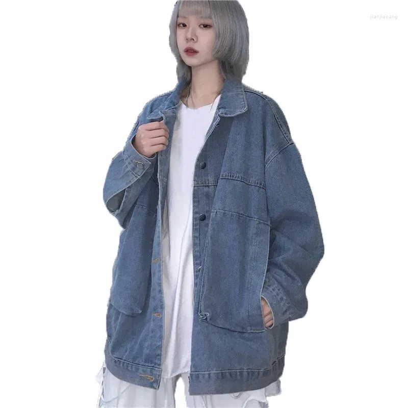 Kurtki damskie płaszcz dla kobiet jesienna moda obroża z długim rękawem niebieski dżinsowy vintage koreański luźne dżins