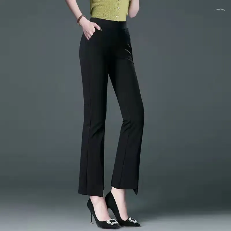 Frauen Hosen Einfarbig Schlanke Büro Dame Einfachheit Casual Flare Tasche Mode Frühling Sommer Dünne Elastische Taille Kleidung 2024