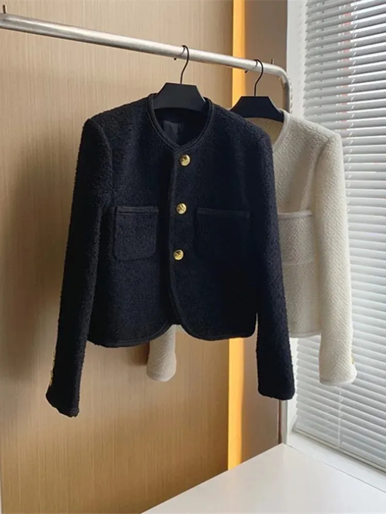 Herfst en winter Koreaanse mode zwart-wit tweed jasje elegante dames dubbele zak goud enkele borst wollen jas 240123