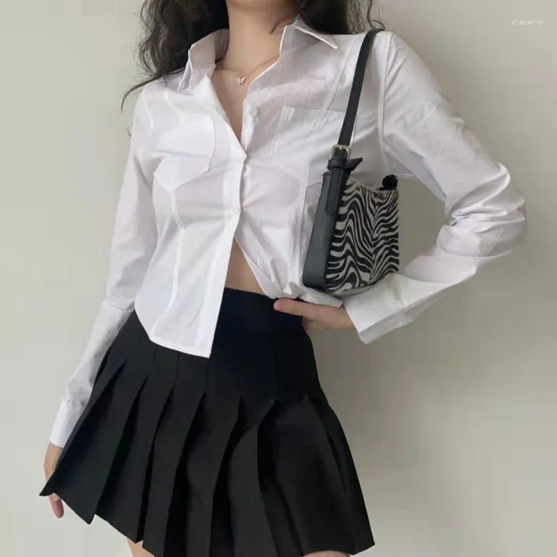 Kvinnors blusar Deeptown White Women Vintage Y2K Sexig Preppy Harajuku Casual Basic Crop Top Long Sleeve Shirts Cool Fashion Retro Female