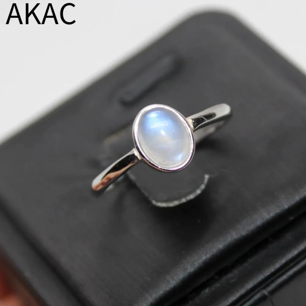 リングAKAC 925Sterling Silver Amprox6*8mm天然虹のムーンストーン調整可能リング