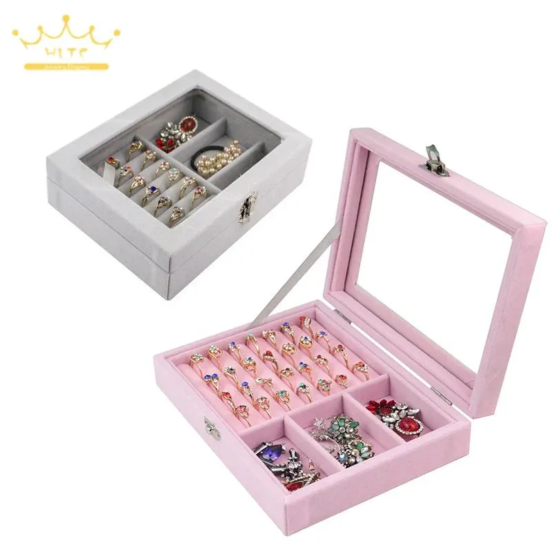 Display Samt Ring Ohrring Box mit Glas Deckel Schmuck Display Organizer Halskette Lagerung Fall Joyeros Organizador De Joyas 20*15 cm