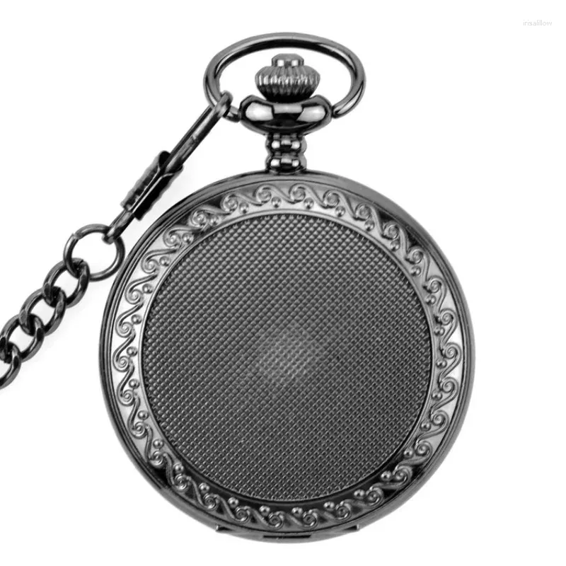 Pocket Watches Carved Sky Full Of Stars Gun Black Men's Hand Wind Mechanical Watch With Fob Chain Roman Number Dial Nice Xmas Gift