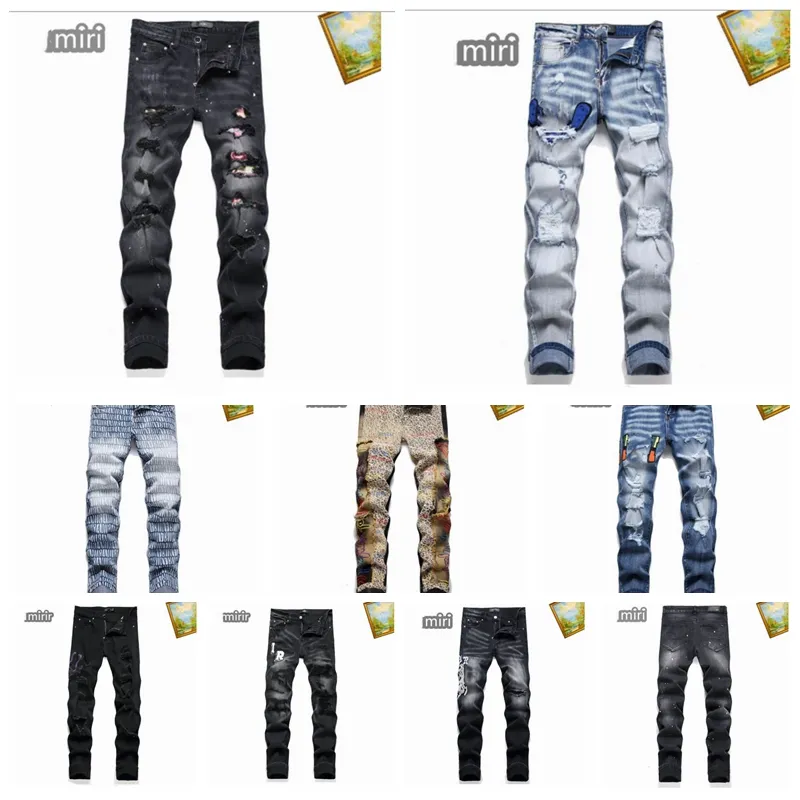 2024 A Mirs Designer Jeans pour hommes jeans violets High Street Hole Star Patch Pantalon de panneau de broderie étoile unisexe pantalon stretch slim-fit taille 29-38
