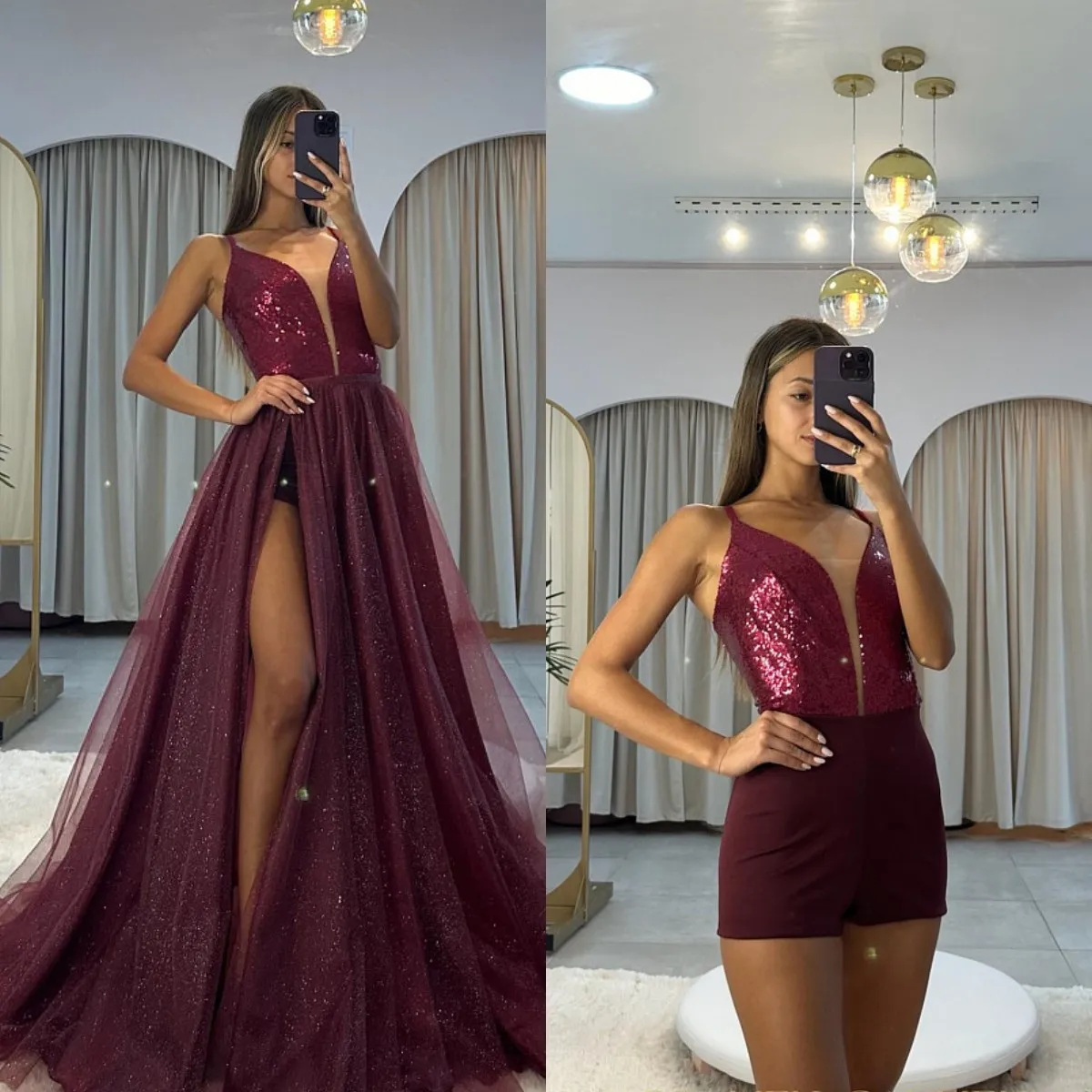 Sexy burgundy prom dress sequins top high split evening dresses elegant glitter A Line party dresses for special occasions promdress