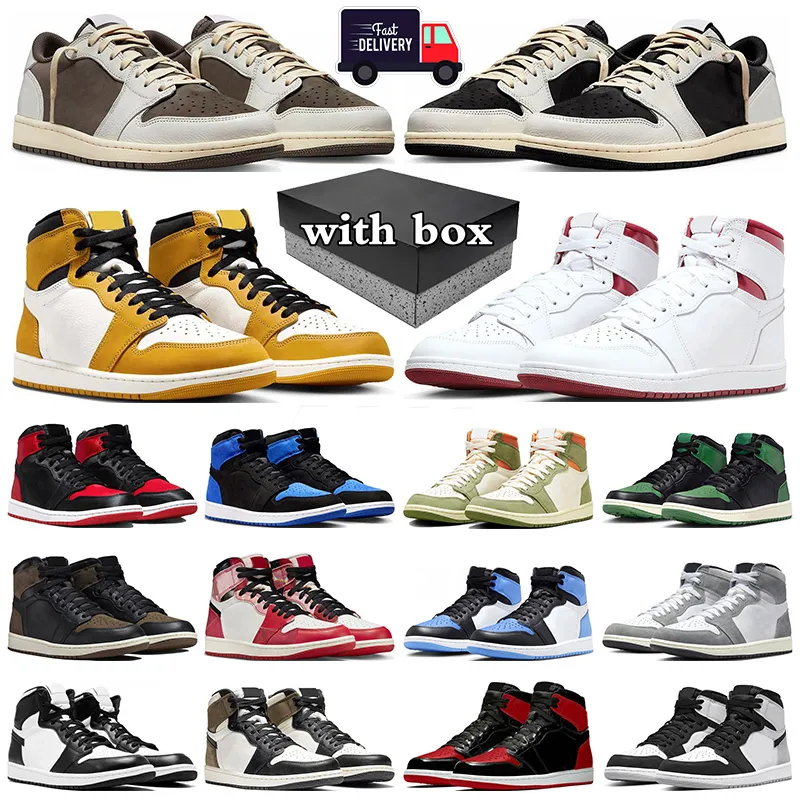 med Box Jumpman 1 Låga basketskor 1s Lows Reverse Mocha Yellow ockra Celadon Black Phantom Satin Bred Mens Trainers Womens Sneakers Outdoor Shoes