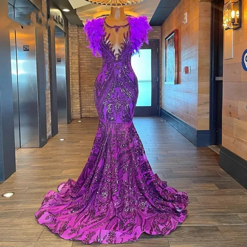 Sparkle Purple Prom Dress For Black Girls Sequin Feathers Mermaid Party Gowns Cap Sleeves Backless Hot Pink Vestidos De Festa