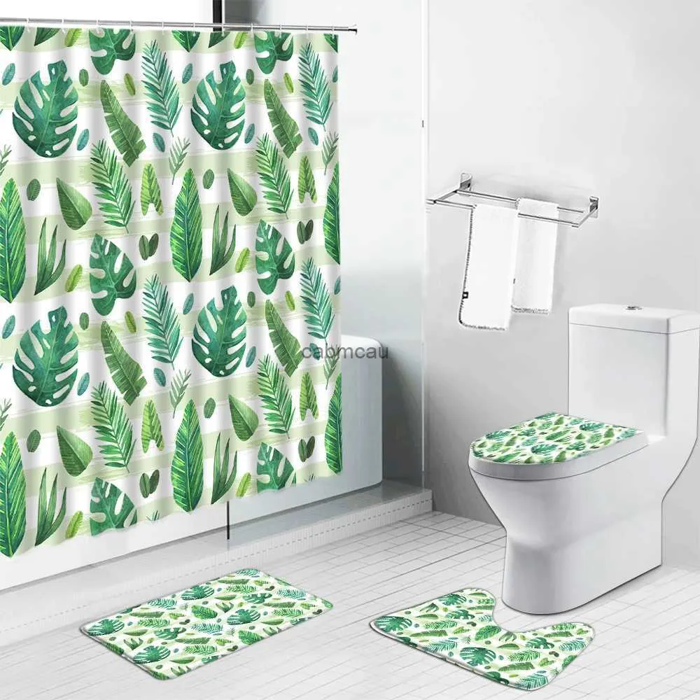 샤워 커튼 열대 잎 검은 샤워 커튼 비 슬립 깔개 목욕 마트 녹색 잎 꽃 욕실 장식 스크린 화장실 고급 카펫 세트